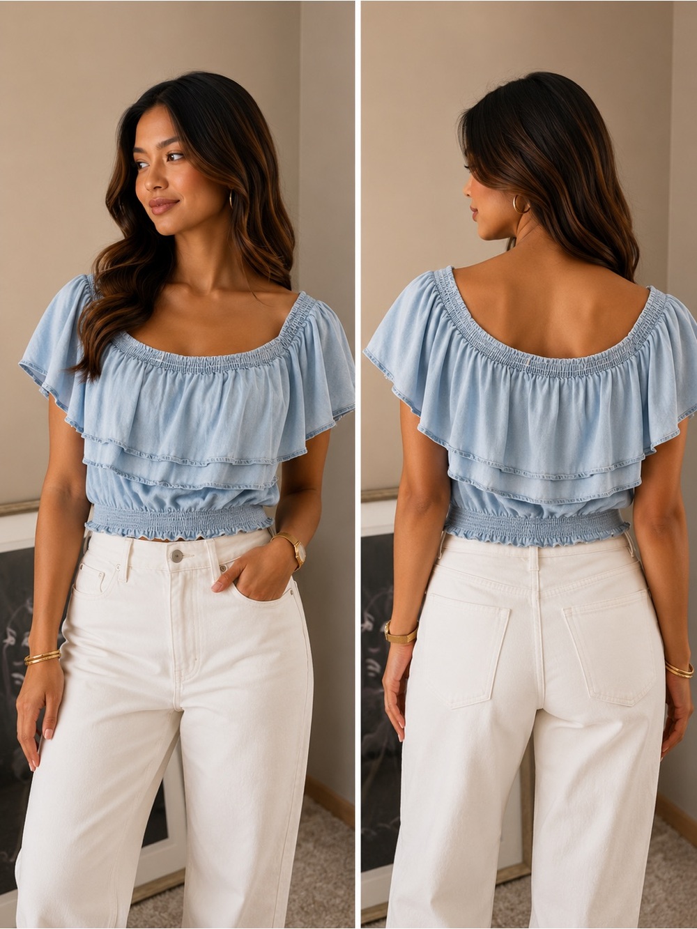 Light Blue Denim Smocked Ruffle Off-Shoulder Blouse - Women